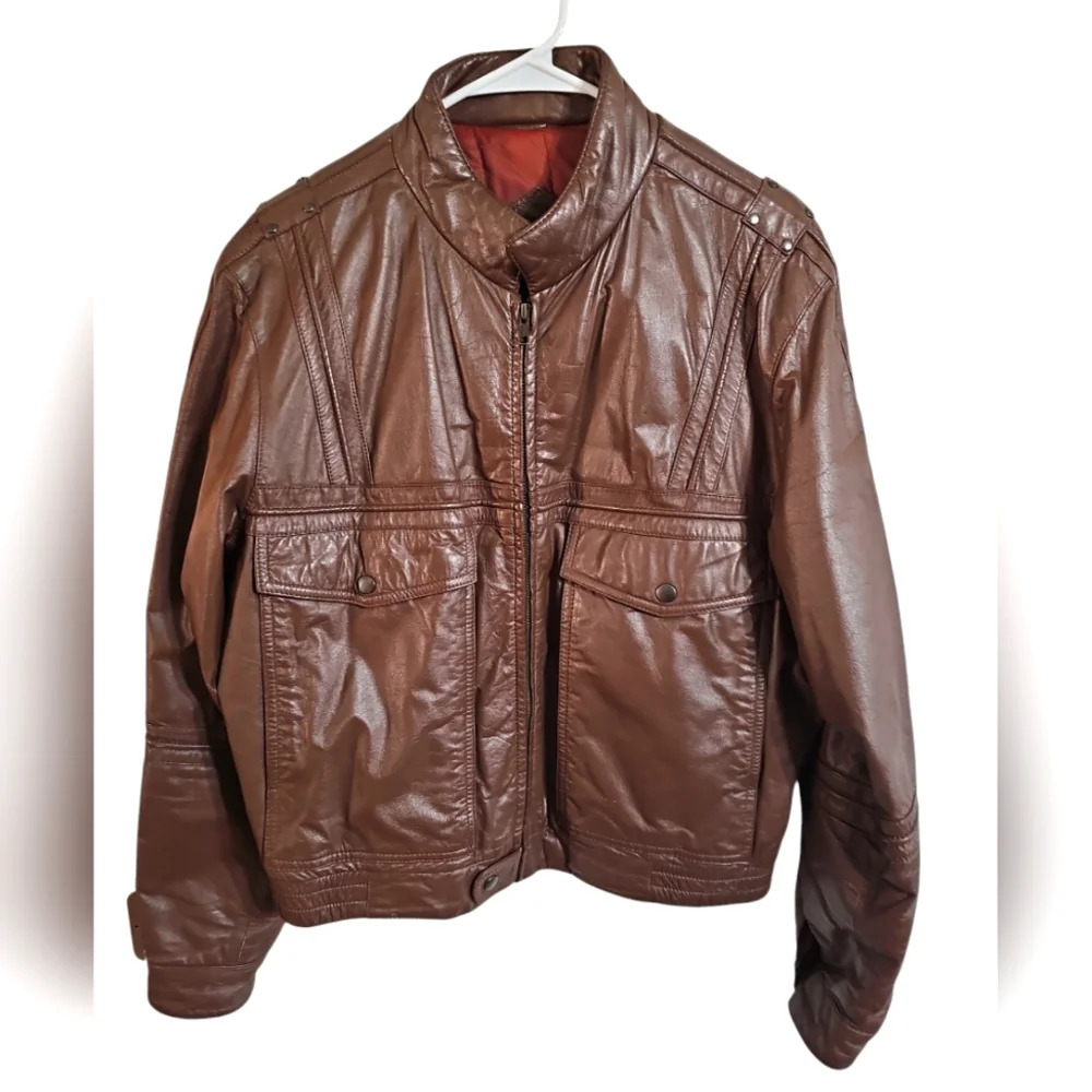 American Male Mens Size M Brown Leather Jacket Vintage 80s Moto Aviator Archival - Picture 2 of 9